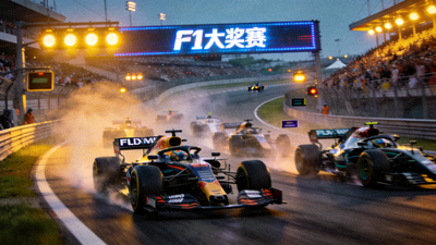 F1赛车大奖赛直播画面，赛车在赛道上飞驰竞速